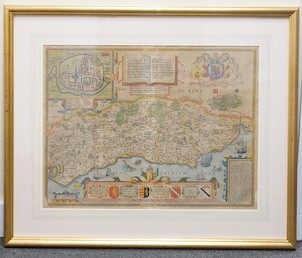 John Speed (1552-1629), hand coloured engraving, Map of Sussex, published c.1676 by Bassett and Chiswell, 38.2 x 51cm (plate), framed and glazed, Provenance: Jonathan Potter Maps Ltd